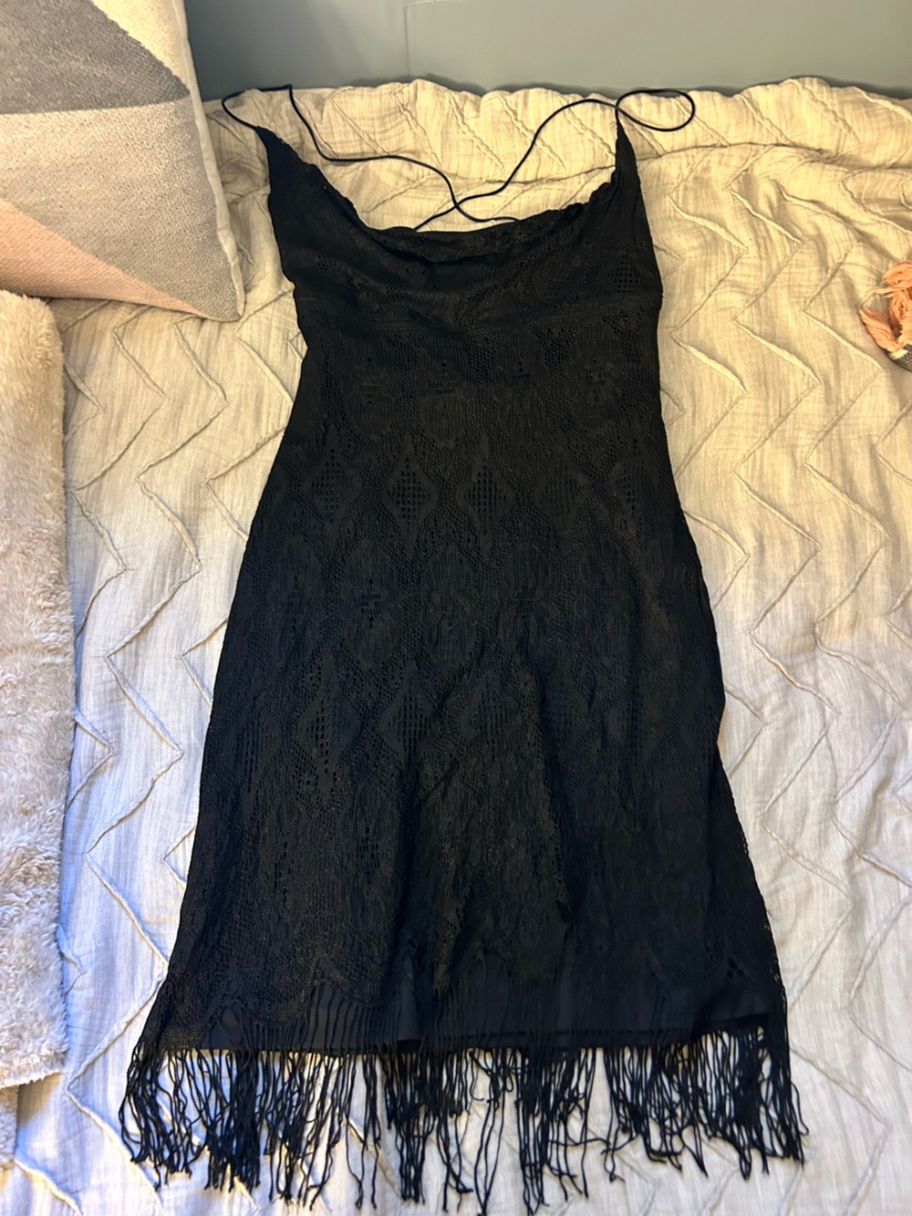 Frederick's of Hollywood Black Lace Fringe Slip Mini